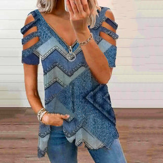 Trykt v-hals kortermet topp med glidelås