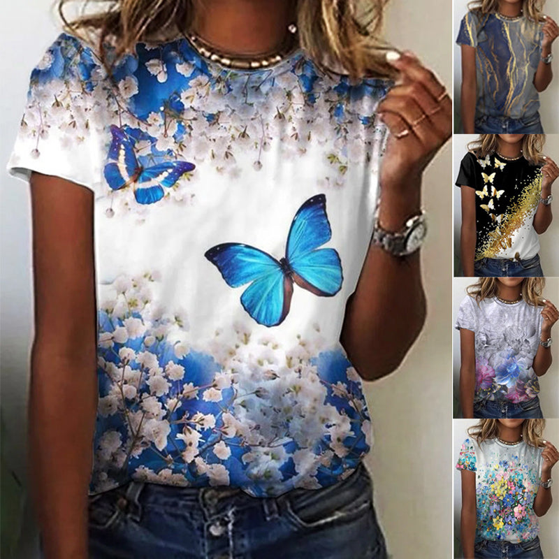 Rund hals basic t-skjorte med blomster og butterfly