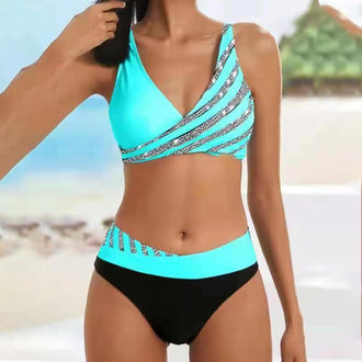 Stripete bikinisett med trykk