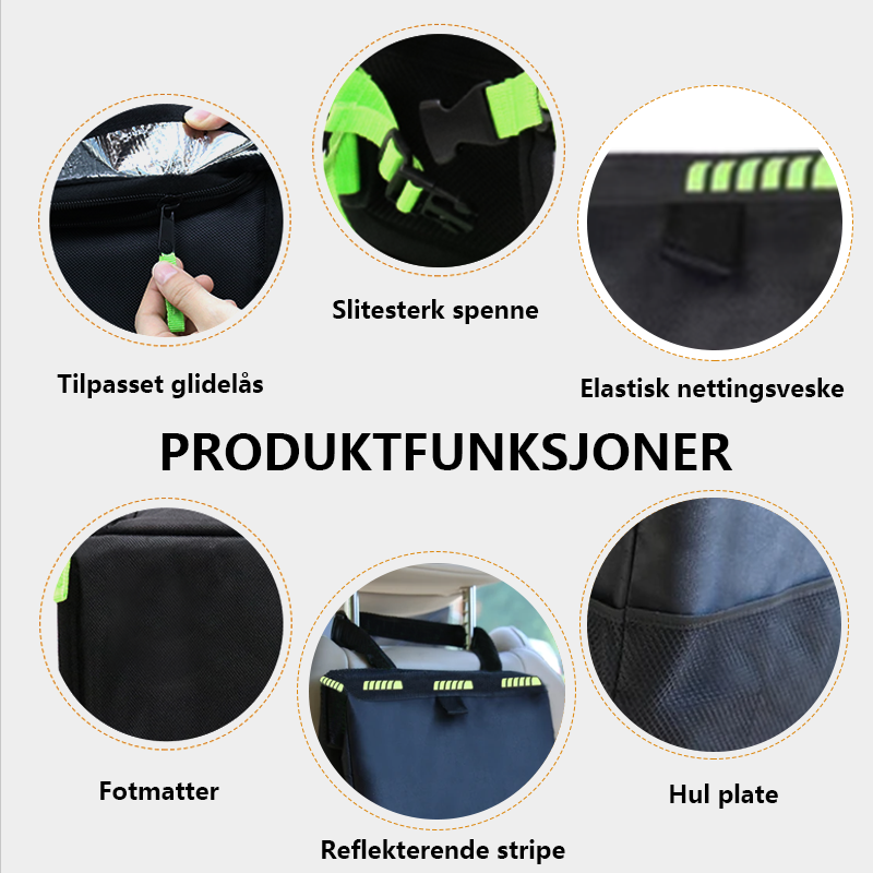 Vanntett oppbevaringspose for bakseter i bil