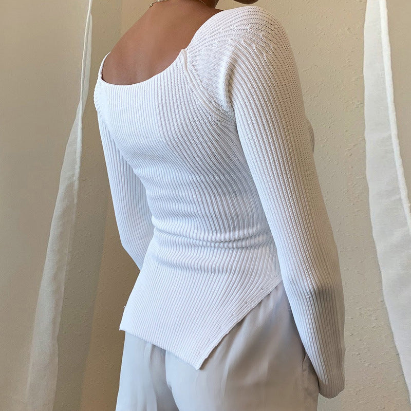 Finstrikket genser med firkantet krage for kvinner