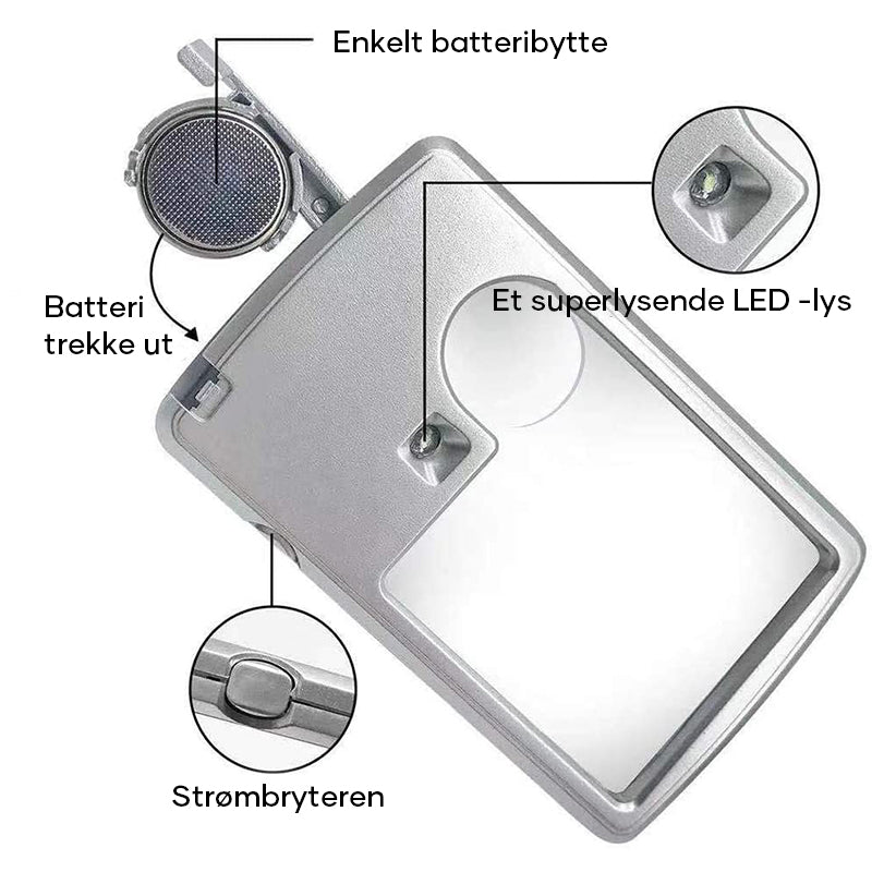 LED kortformet forstørrelsesglass for lesing