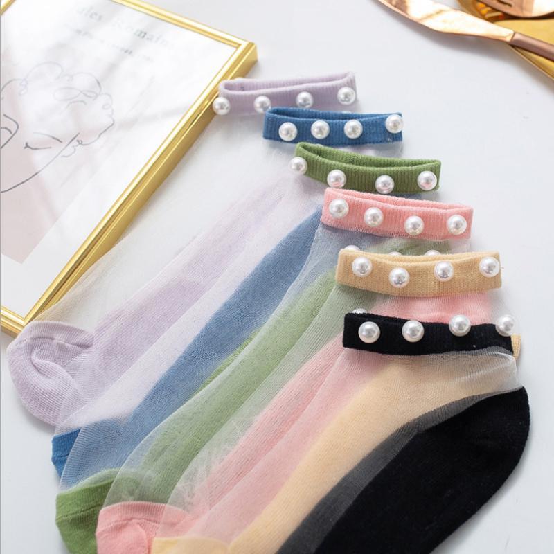 Ankel-lengde fisknett sokker med perler til kvinner